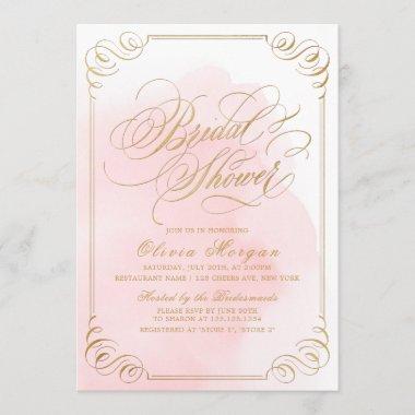 Blush gold elegant calligraphy Bridal Shower Invitations