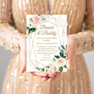 Blush Gold Floral Brunch And Bubbly Bridal Shower Invitations