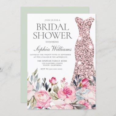 Blush & Greenery Wedding Dress Gown Bridal Shower Invitations
