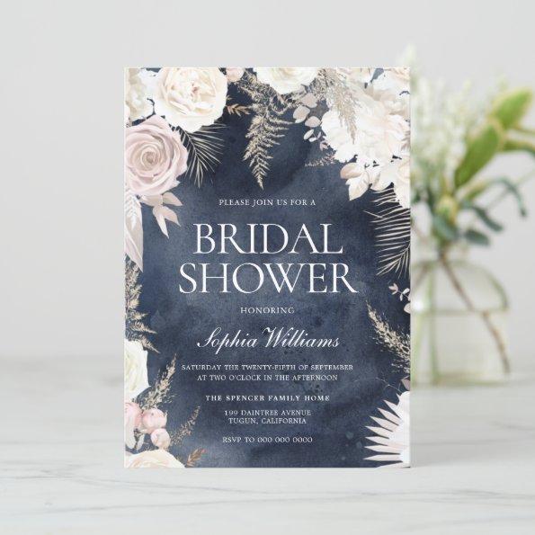 Blush Ivory & Navy Watercolor Boho Bridal Shower Invitations