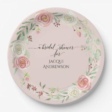 Blush Ivory Rose Wreath Foliage Bridal Shower Paper Plates