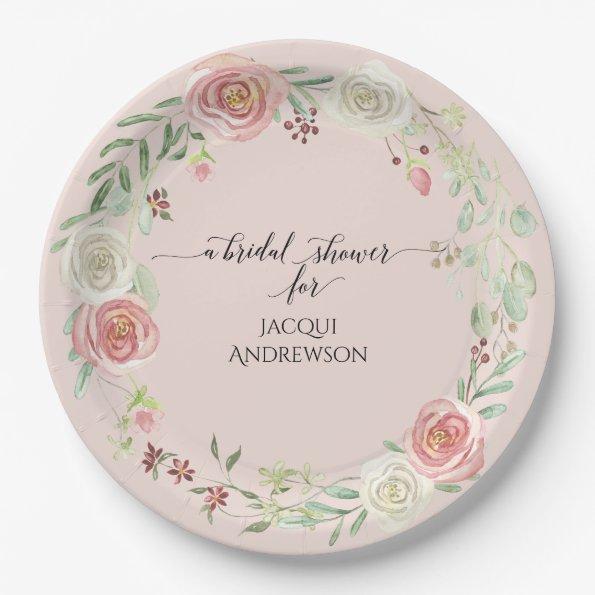 Blush Ivory Rose Wreath Foliage  Paper Plates