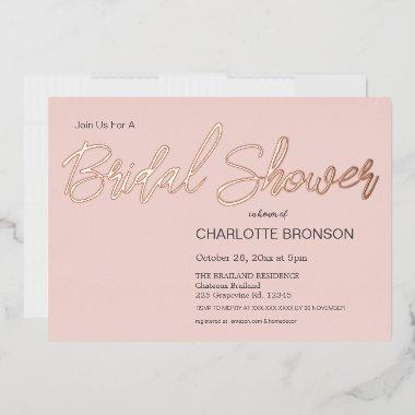 Blush Minimalist Script Bridal Shower Gold  Foil Invitations