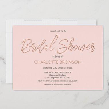 Blush Minimalist Script Bridal Shower Rose Gold Foil Invitations