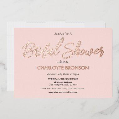 Blush Minimalist Script Bridal Shower Rose Gold Foil Invitations