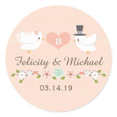 BLUSH MONOGRAM DOVE LOVE BIRDS WEDDING CLASSIC ROUND STICKER