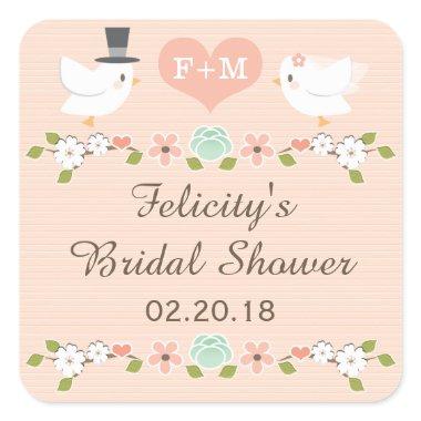 BLUSH MONOGRAMMED DOVE LOVE BIRDS  SQUARE STICKER