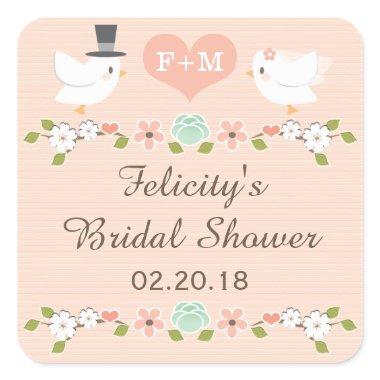 BLUSH MONOGRAMMED DOVE LOVE BIRDS BRIDAL SHOWER SQUARE STICKER