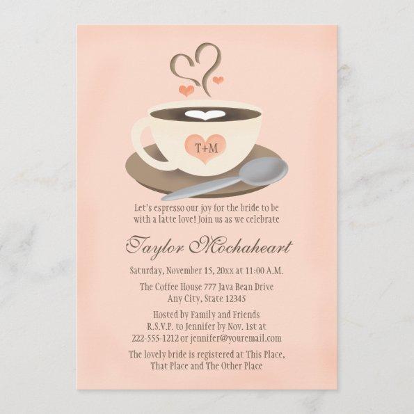 Blush Monogrammed Heart Coffee Cup Bridal Shower Invitations