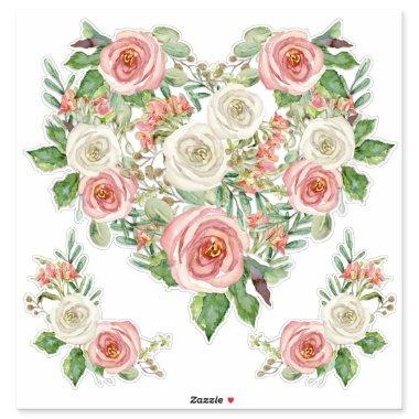 Blush n White Rose Watercolor Floral Heart Design Sticker