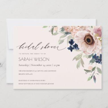 Blush Navy Anemone Floral Bridal Shower Invite