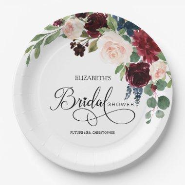 Blush Navy Burguny Marsala Floral Bridal Shower Paper Plates
