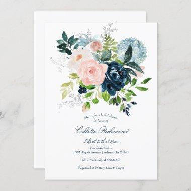 Blush Navy Floral Bridal Shower Invitations