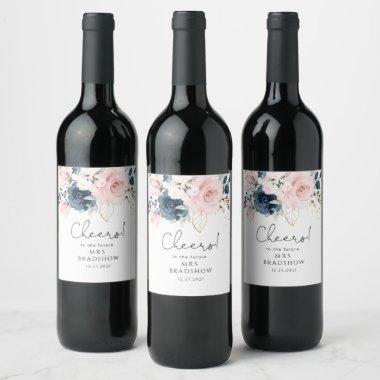 Blush navy floral bridal shower wine label