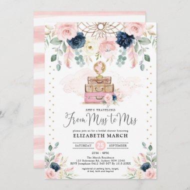 Blush Navy Floral Travel Adventure Bridal Shower Invitations