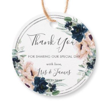 Blush Navy Rose Floral Silver Wedding Thank You Favor Tags