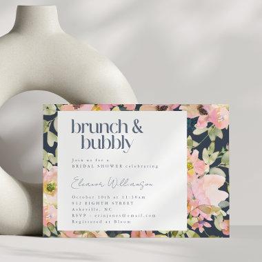 Blush Navy Watercolor Floral Brunch Bubbly Bridal Invitations