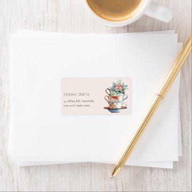 Blush Pastel Stacked Cups Floral Tea Party Address Label