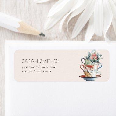 Blush Pastel Stacked Cups Floral Tea Party Address Label