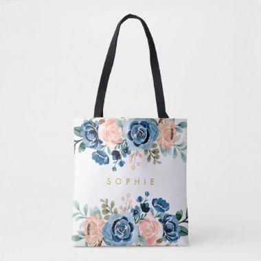 Blush Peach Blue Watercolor Floral Bouquets Name Tote Bag