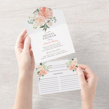 Blush Peach Spring Floral Bridal Shower and Recipe All In One Invitations