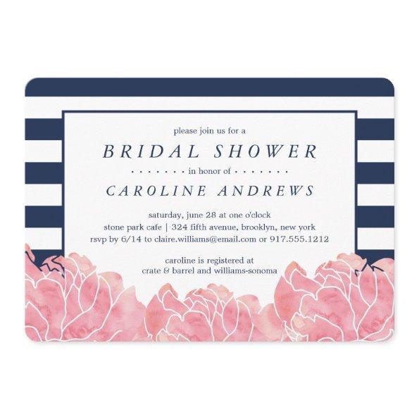 Blush Peony and Navy Stripe Bridal Shower Invitations