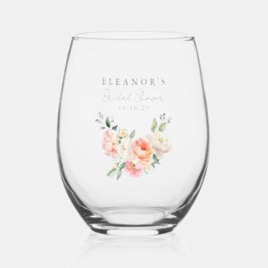 Blush Peony Floral Watercolor Pink Bridal Shower Stemless Wine Glass