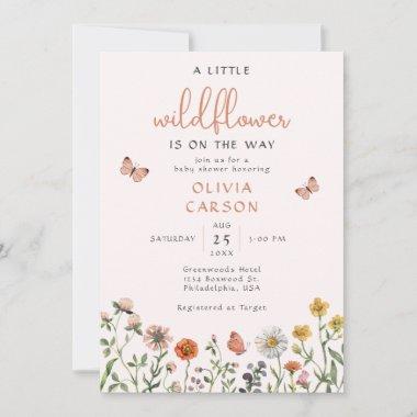Blush Pink A Little Wildflower Floral Baby Shower Invitations