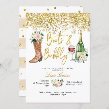 Blush pink and Gold Boots and Bubbly Bridal Shower Invitations