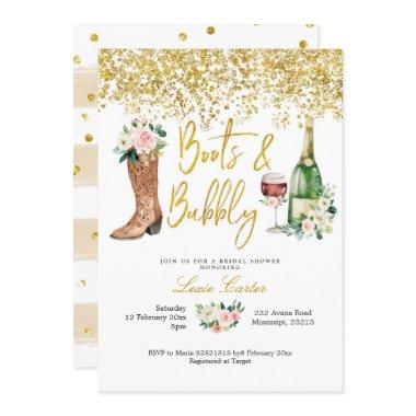 Blush pink and Gold Boots and Bubbly Bridal Shower Invitations