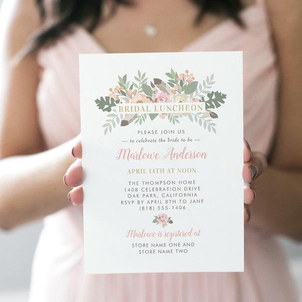 Blush Pink and Gold Floral Boho Bridal Luncheon Invitations