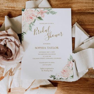 Blush Pink and Gold Floral Botanical Bridal Shower Invitations