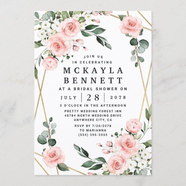 Blush Pink and Gold Floral Greenery Bridal Shower Invitations