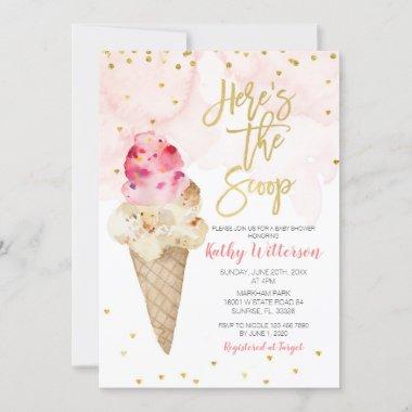 Blush Pink and Gold Ice Cream Baby Shower Invitations