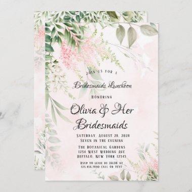 Blush Pink and Greenery Leaves Bridesmaids Lunch Invitations