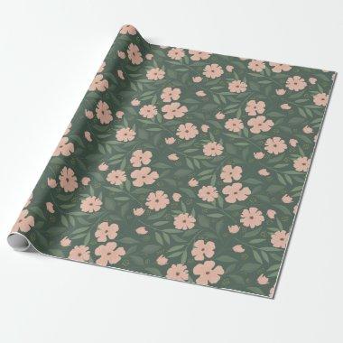 Blush Pink and Hunter Green Pretty Floral Pattern Wrapping Paper