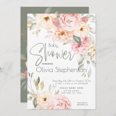 Blush Pink and Ivory Floral Baby Shower Invitations