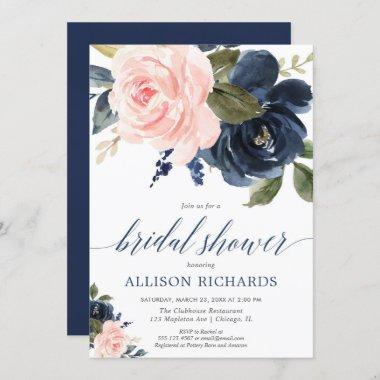 Blush pink and navy blue floral bridal shower Invitations