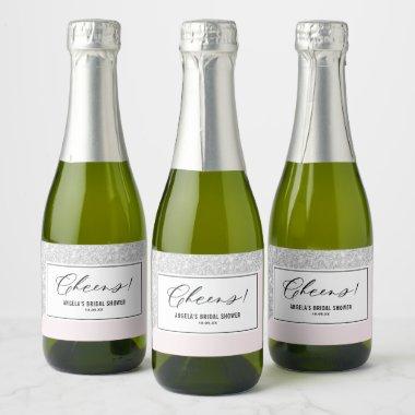 Blush Pink and Silver Glitter Cheers Bridal Shower Sparkling Wine Label