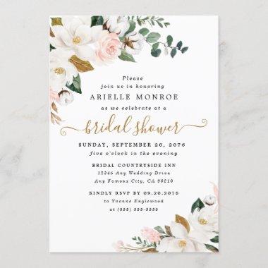 Blush Pink and White Magnolia Floral Bridal Shower Invitations