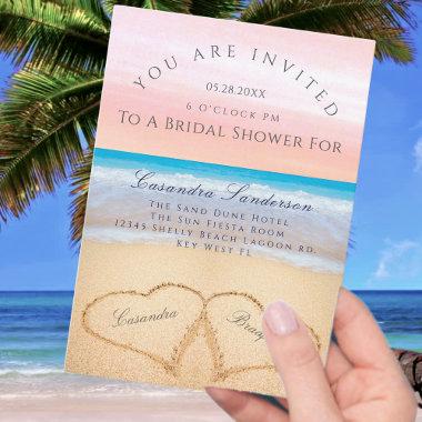 Blush Pink Beach 2 Hearts in Sand Bridal Shower Invitations
