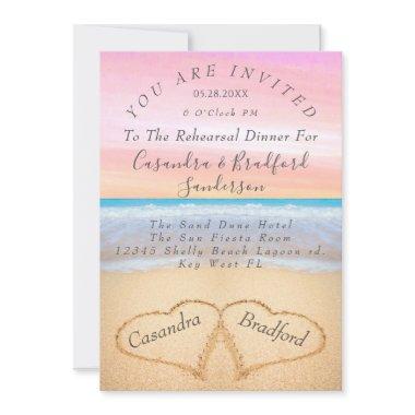 Blush Pink Beach 2 Hearts Sand Rehearsal Dinner Invitations