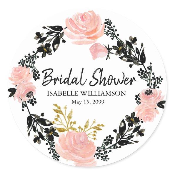 Blush Pink, Black and Gold Floral Bridal Shower Classic Round Sticker