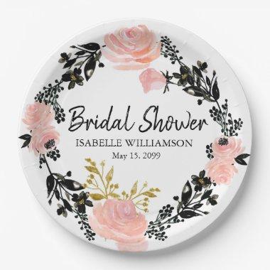 Blush Pink, Black and Gold Floral Bridal Shower Paper Plates
