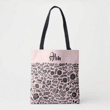 Blush Pink, Black Floral Pattern Monogram Tote Bag