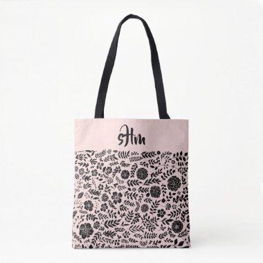 Blush Pink, Black Floral Pattern Monogram Tote Bag