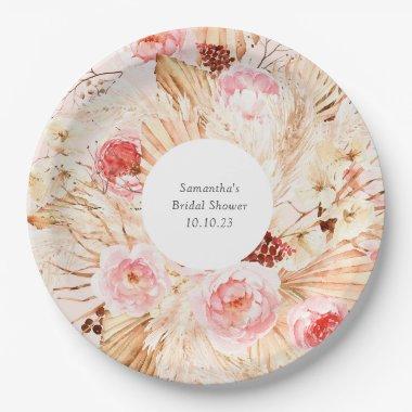 Blush pink boho pampas grass floral pattern paper plates