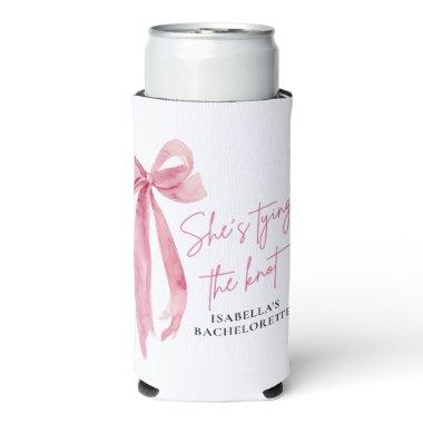 Blush Pink Bow She's Tying the Knot Bachelorette Seltzer Can Cooler