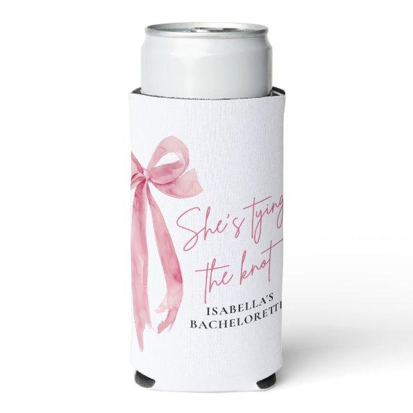 Blush Pink Bow She's Tying the Knot Bachelorette Seltzer Can Cooler