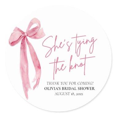 Blush Pink Bow She's Tying the Knot  Classic Round Sticker